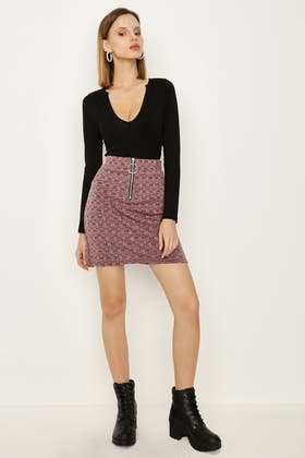 Pink Waffle Jacquard Zip Front Mini Skirt