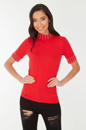 RED STATEMENT PEARL HIGH NECK TOP