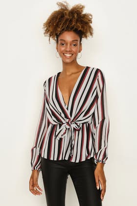 RED STRIPE PLEATED CHIFFON TIE FRONT BLOUSE