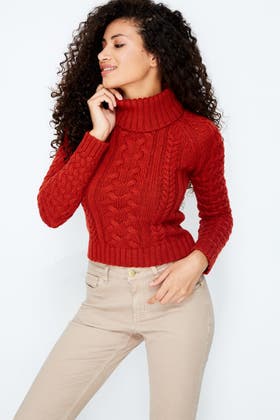 rust cable roll neck jumper