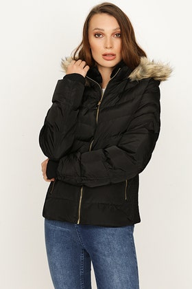 Black Shirred Side Short Fur Trim Puffer Jacket
