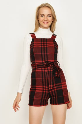 Red Red Check Buckle Strap Playsuit