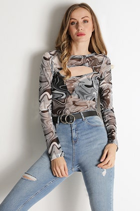 Mono Cut Out Mesh Marble Long Sleeve Body