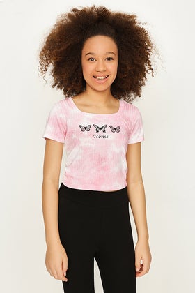 GIRLS PINK ICONIC BUTTERFLY TIE DYE TOP