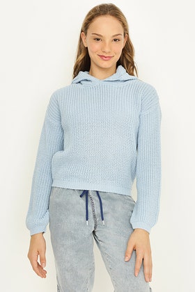 Girls Pale Blue Hooded Knit Jumper