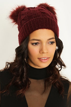 BERRY CABLE & WIDE RIB DOUBLE POM BEANIE