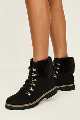 Black Fur Lined And Cuff Luxe Hiker Boot