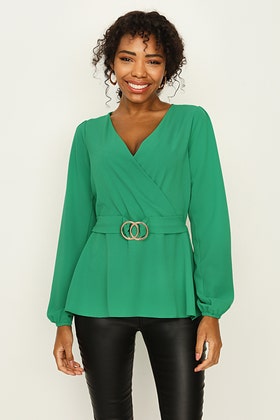 Emerald Crepe Ring Buckle Belted Blouse
