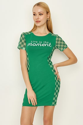Green Checkerboard Mesh Slogan Bodycon Dress