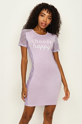 Lilac Checkerboard Mesh Slogan Bodycon Dress