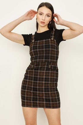 Chocolate Gold Button 2 In 1 Check Pinny Dress