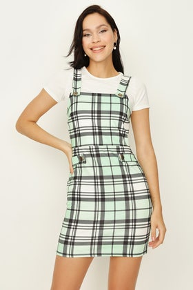 Green Gold Button 2 In 1 Check Pinny Dress