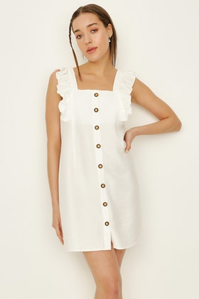 White Frill Strap Linen Pinafore Dress