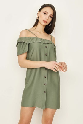 Khaki Frill Linen Button Through Dress