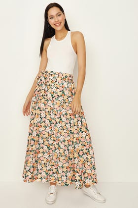 Multi Bright Floral Tie Waist Maxi Skirt