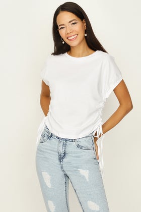 White Grown On Sleeve Ruched Side Tee