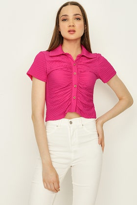 Vivid Pink Waffle Ruched Front Shirt