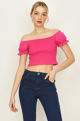 Vivid Pink Shirred Bardot Crop Top
