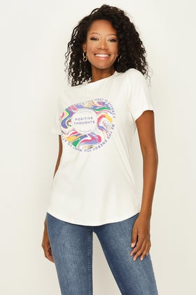 Ivory Positive Thoughts Marble Slogan Tee