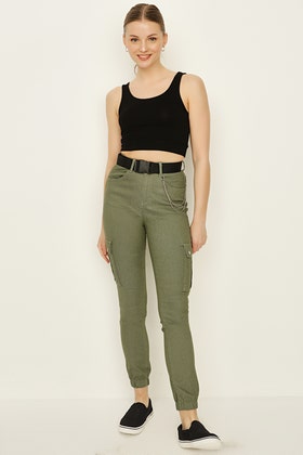 Khaki Chain Cargo Trousers With Belt