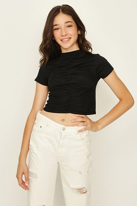 Girls Black Soft Touch Ruche Front Short Sleeve Top