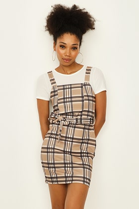 Multi 2 In 1 Tie Belted Check Pinny Dress