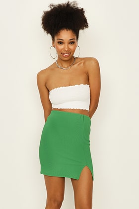 Green Leaf Rib Notch Front Mini Skirt