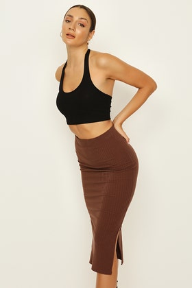Cocoa Rib Side Split Midi Skirt