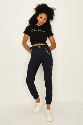 Navy Chain Cargo Trousers With Belt