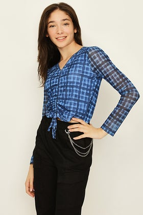 Girls Pale Blue Ruched Front Check Mesh Top 