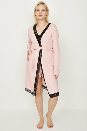 Pink Brushed Lace Trim Robe