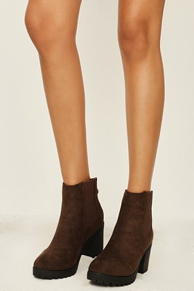 Chocolate Gold Ringpull Zip Heeled Cleated Boots