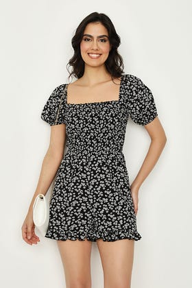 Multi Floral Shirred Puff Sleeve Playsuit