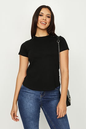 Black Crochet Shoulder Diamante T-Shirt