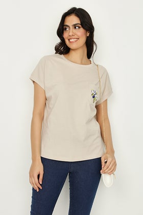 Stone Embroidery Pocket Grown On Sleeve T-shirt