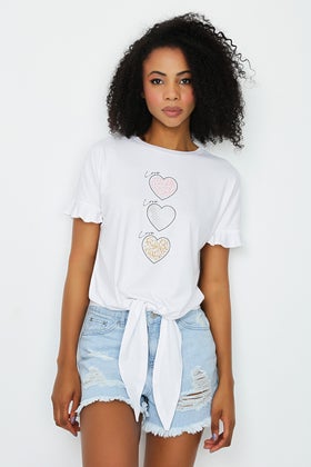 Optic White Frill Sleeve Heart Love Tie Front Tee