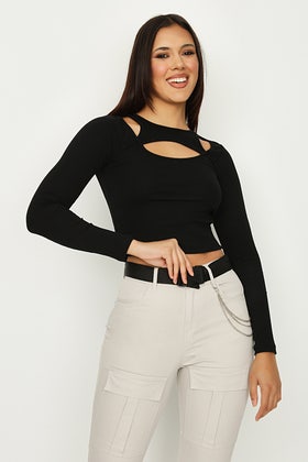 Black Cut Out Front Panel Rib Long Sleeve Top