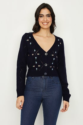 Navy Embroidery Pointelle Crop Cardigan