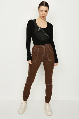 Brown Contrast Stitch Cargo Trousers