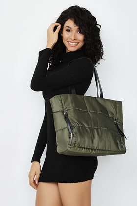 Khaki Nylon Quilt Zip Detail Shopper Bag
