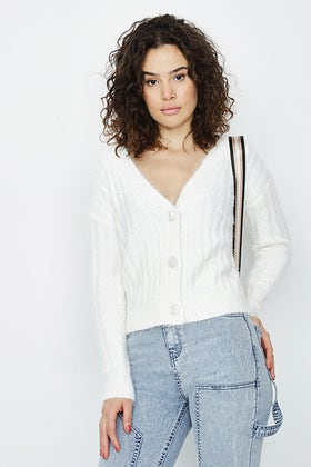 Winter White Fluffy Ribbed Cardigan