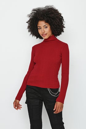 Red Cable Rib Roll Neck Jumper