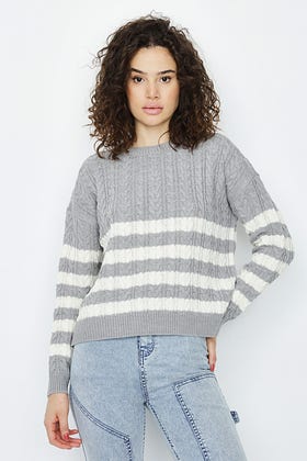 Grey Striped Cable Crop Jumper