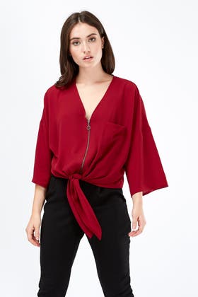wine zip and tie front blouse